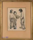 Les enfants et le jeune mendiant au ballon by Théophile Steinlen, Pierre noire, rehauts de gouache, sold Sep 2017