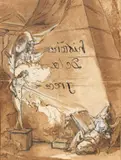 Recto : Frontispice : Histoire de la Grèce Verso : Etude au crayon sur papier préparé by Claude Louis Desrais, Plume et encre noire sur trait de crayon noir, lavis brun et rehaut de gouache blanche, sold Apr 2008
