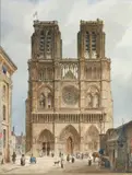 Notre Dame de Paris au drapeau bleu blanc rouge, vers 1832 (La flèche, absente, démontée par les révolutionnaires en 1792, sera refaite par Viollet Le Duc vers by François Etienne Villeret, Aquarelle sur papier, sold Nov 2007