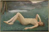 Femme nue allongée en bord de rivière by Raphaël Collin, 1886, Pastel sur carton, sold Nov 2023