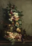 Nature morte au bouquet de fleurs et au panier de fruits by Edmond De Koninck, 1880, Toile signée en bas à gauche et datée, sold Nov 2010