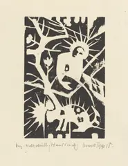 Haus am See mit Sonnenschein“ / „Figur mit Katze by Arnold Topp, 1918, 2 Blatt: Holzschnitt, jeweils auf Japanbütten, sold Nov 2015