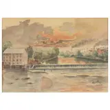 Mill Scene by E. Roberts, Watercolor on paper, sold Jul 2021