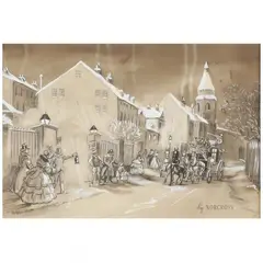 Victorian Style Street Scene by Louis Lundean, Ink wash with colored pencil and whiting on paper, sold Jun 2021