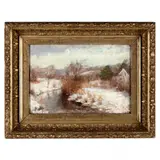 Winter Landscape with Stream by H. E. Kinney, Oil on canvas on board, sold Jun 2021