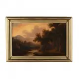 Sunset, Schoharie Creek, Catskill Mountains, NY by John W. A. Scott, Oil on canvas (lined), sold Jun 2021