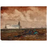 Notre Dame de la Joie, Saint Guénolé, Bretagne by Ernest Guérin, Watercolor and pencil on paper, sold Jun 2021