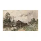 Washerwomen by the Riverbank by Eugène Ciceri, Watercolor on paper laid down on board, sold Jun 2021