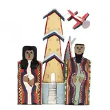 Folk Art Mosque Scene by James Harold Jennings, An assemblage of painted and cut-out wood pieces, sold May 2021