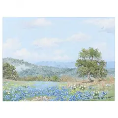 Texas Bluebonnet Field with Vista by Robert Harrison, Oil on canvas board, sold May 2021