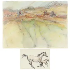 Two Original Horse Illustrations by Rebecca Joworski, The first an ink and watercolor on paper of two running horses, sold May 2021