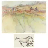 Two Original Horse Illustrations by Rebecca Joworski, The first an ink and watercolor on paper of two running horses, sold May 2021