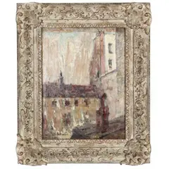 Rooftops in the City by Roy Brown, A double sided work on panel; the recto is an oil study, sold May 2021