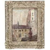Rooftops in the City by Roy Brown, A double sided work on panel; the recto is an oil study, sold May 2021