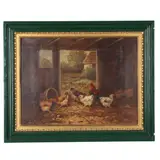 Chickens and Rooster in a Barn by J. D. Sorver, Oil on canvas, sold May 2021