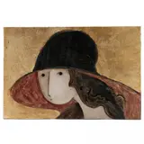Woman with Hat by Stephen White, Mixed media on panel, sold May 2021