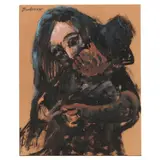 Woman Holding Figure with Hat by Robert Broderson, Mixed media on toned paperboard, sold May 2021