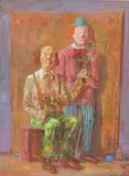 Clowns by Dorina Mocan, Oil painting, sold Oct 2026