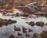Duck family by Johannes Ravn, 1951, Oil painting, sold Oct 2026