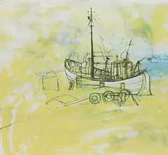 Boat in harbour by Ulla Waller, 1978, Colour lithograph, sold Oct 2026