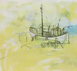 Boat in harbour by Ulla Waller, 1978, Colour lithograph, sold Oct 2026