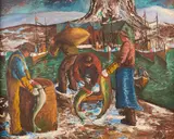 Cod fishermen in Northern Norway by Alessandro Rhodin, Oil painting, sold Oct 2026
