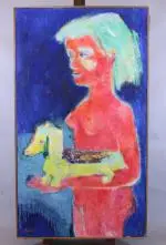 Femme rouge au chien jaune by Yvonne Mottet, Huile sur toile, sold Mar 2026
