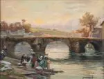 Les lavandières à Quimperlé au pont de Lovignon by Mathurin Janssaud, Pastel sur carton, sold Nov 2025