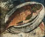 Le poisson, c. 1950 by Yvonne Mottet, Huile sur panneau, sold Nov 2025