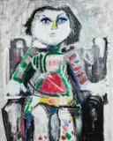 Enfant aux yeux bleus et collants à pois by Yvonne Mottet, Huile sur toile, sold Nov 2025