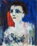 Portrait au fond bleu et rouge by Yvonne Mottet, Huile sur toile, sold Nov 2025