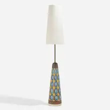 Floor lamp by Rigmor Nielsen, c. 1960, glazed stoneware, linen, brass, sold Apr 2022