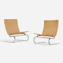 PK 20 lounge chairs, pair by Poul Kjaerholm, 1968 / 1994, matte chrome-plated steel, cane, sold Apr 2022
