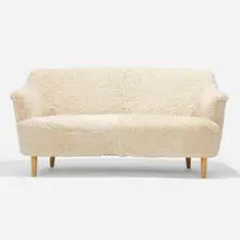 Samsas sofa by Carl Malmsten, sheepskin, beech, sold Apr 2022
