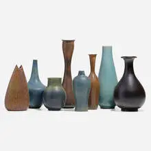 Collection of eight vases by Gunnar Nylund, c. 1950, glazed stoneware, sold Apr 2022