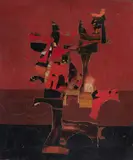 Untitled by R.N. Pasricha, Enamel and collage on board, sold Jan 2025