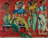 Princess and Attendants by P.T. Reddy, 1958, Oil on cardboard pasted on plywood, sold Jan 2025
