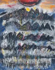 Raag ‘Puriya Dhanashri‘ by Laxman Pai, 1965, Acrylic on canvas, sold Dec 2025