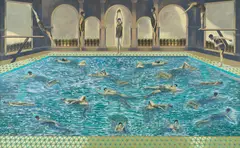 Swimmers Manual by Nataraj Sharma, 2018, Oil and collage on paper pasted on canvas, sold Dec 2025