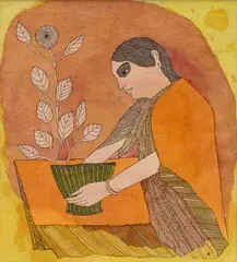 Tending the Flower-Vase in Spring by Badri Narayan, 2005, Watercolour on paper, sold Dec 2024