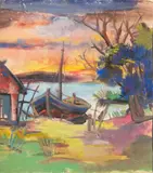 Boot am Ufer - Häuser am Fluss by Oskar Gawell, Gouache, sold Jun 2026