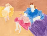 Two Girls with Striped Tabby by Sally Michel Avery, 1989, Öl/Leinwand/Karton, sold Jun 2026