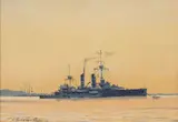Kriegsschiffe auf Reede by Victor Qvistorff, 1936, Öl/Papier/Hartfaser, sold Jun 2026