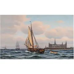 Ships with Castle in Distance by Johan Neumann, oil on canvas, sold Dec 2025