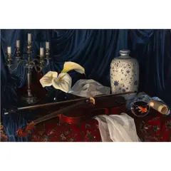 Still Life with Violin by B. Nicole Klassen, 1996, oil on canvas, sold Dec 2025