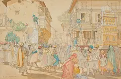 Procession by Laxman Narayan Taskar, Pencil and watercolour on paper laid on card, sold Apr 2024
