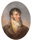 Portrait d’homme au gilet rayé jaune by Jean-Baptiste Isabey, Aquarelle gouachée sur traits de crayon de forme ovale, sold Sep 2026