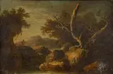 Promeneur et son chien dans un paysage rocheux by dit Crépin Louis-Philippe Crépin, Huile sur cuivre, sold Sep 2026