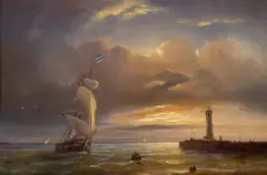 Voilier au soleil couchant devant l'entrée d'un port by Théodore Gudin, Huile sur panneau, sold Sep 2026