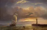 Voilier au soleil couchant devant l'entrée d'un port by Théodore Gudin, Huile sur panneau, sold Sep 2026